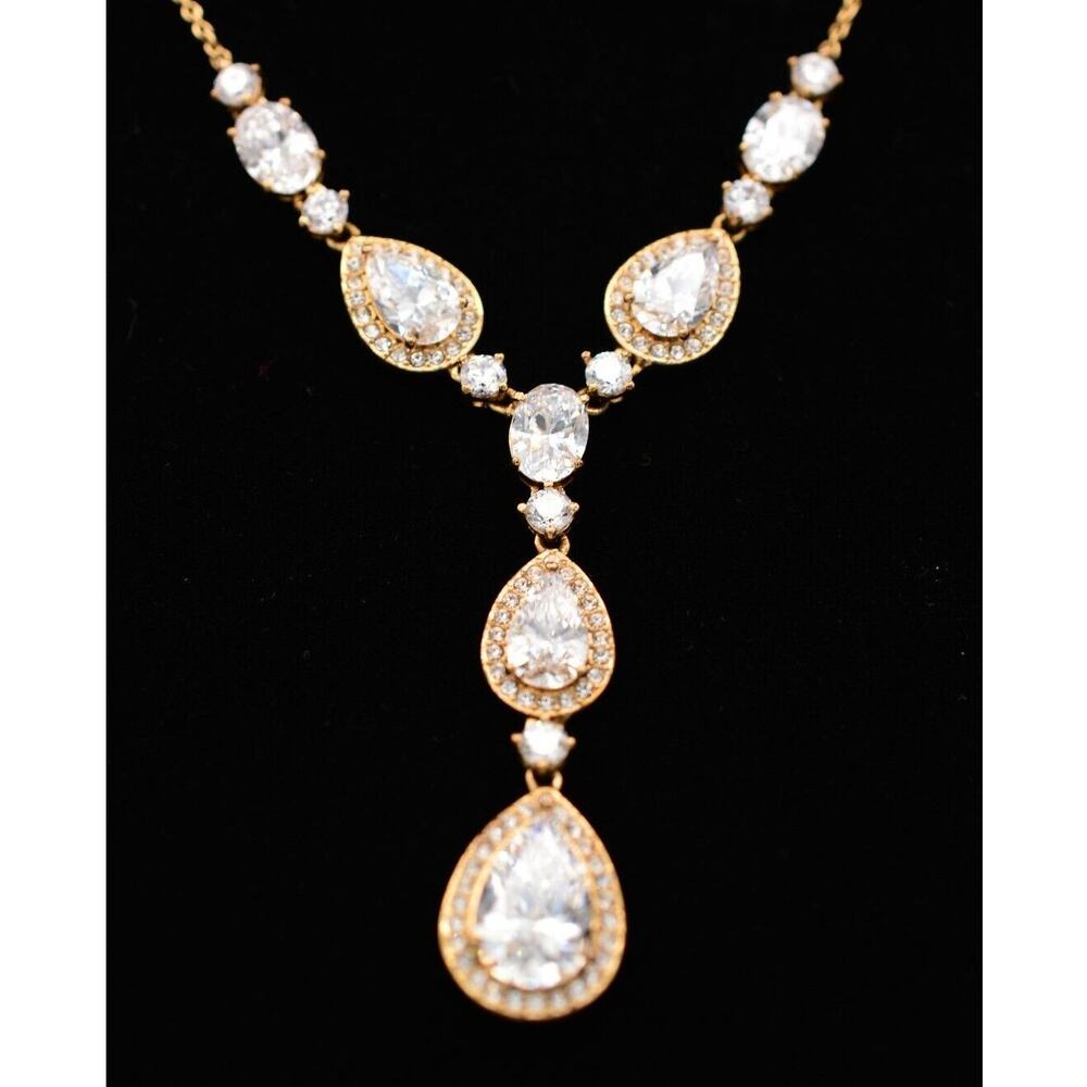 Nadri Vintage Crystal Y Drop Necklace Bezel Gold Tone Sparkling Signed Y2K Bin2
